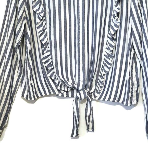 Rails Blue White Stripe Ruffle Tie Waist Long Sleeve Button Down Shirt M Chic - Picture 6 of 16